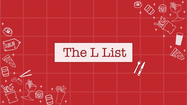 "The L List" written in a white box on a red background, with white line illustrations of burgers, pizza slices, pints and fancy G&Ts in the sides of the image.