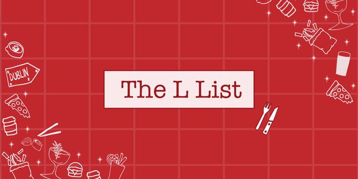 "The L List" written in a white box on a red background, with white line illustrations of burgers, pizza slices, pints and fancy G&Ts in the sides of the image.