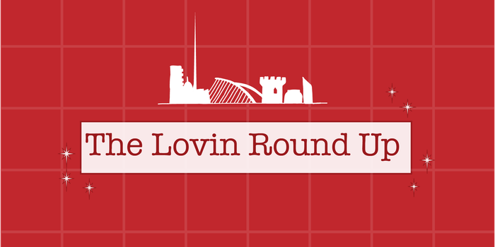 A white box on a red background with the words "the lovin round up" inside. Above the text is a white outline of the Dublin skyline