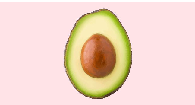 half of a ripe avocado with seed inside, with a pale pink background