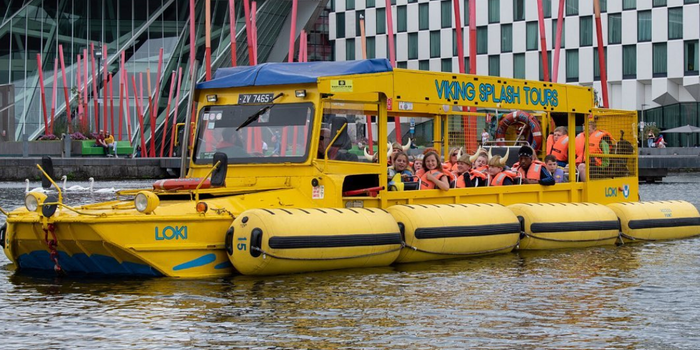the viking splash tour on the water at Grand Canal Dock