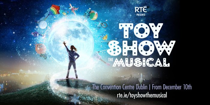 poster for toy show the musical, silhouette of a little girl against a full moon with kites, balls and other toys floating around her
