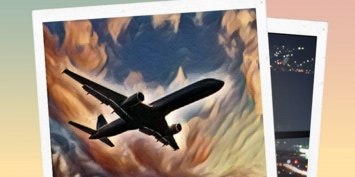 polaroid style photo of a plane in flight through a cloudy sky