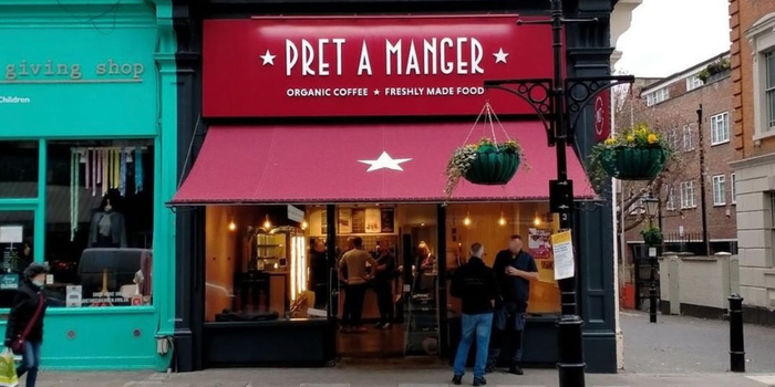 exterior of a pret a manger branch on a street in London