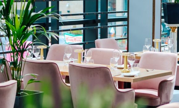 restaurant with pale pink chairs and tables, plants, dundrum town centre can be seen through window