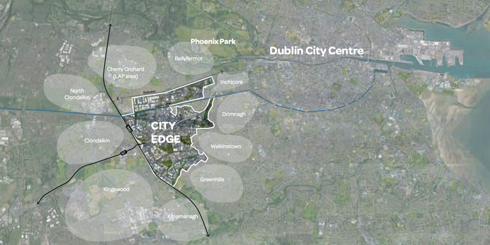 map of Dublin with an area highlighted and the words "City Edge" typed on top of it