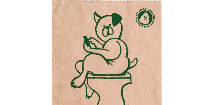 cartoon drawing of a dog sitting on a toilet on a brown paper bag