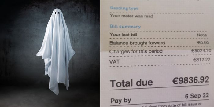 image of a ghost sheet costume along side a photo of an energy bill