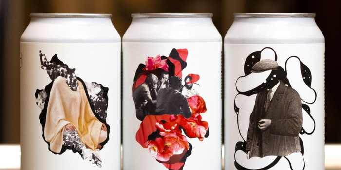 three cans of craft beer with abstract designs