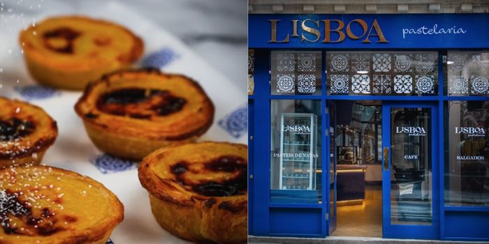 image of a tray of pastel de natas alongside an image of the exterior of Lisboa, a cafe in dublin