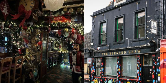 two images, one is the interior of a pub decorated for christmas and one is the exterior of the old bernard shaw pub on camden Street