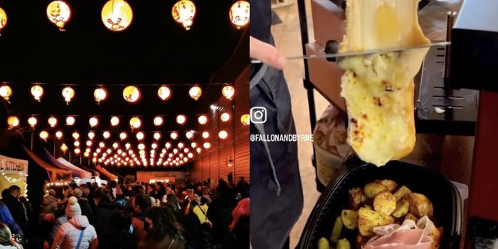 side by side images of a nightmarket with colourful lanterns overhead and crowds working through, and raclette cheese being scraped onto a plate of potatoes and meat
