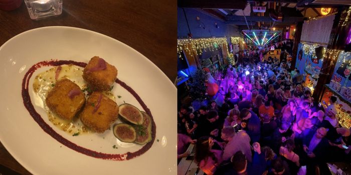 two images, one of breaded cheese wedges and one of a nightclub scene at the bernard shaw
