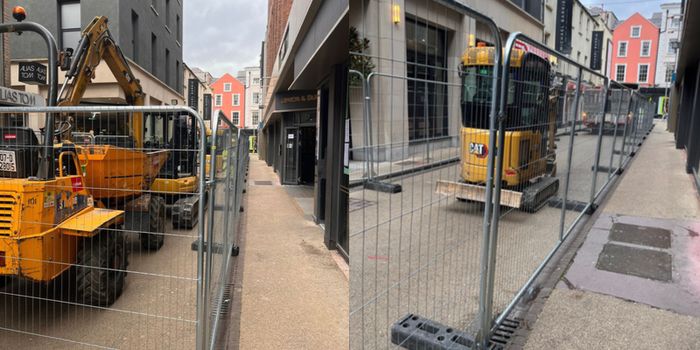 two images of construction vehicles and high fencing outside lemon and duke pub in dublin 2