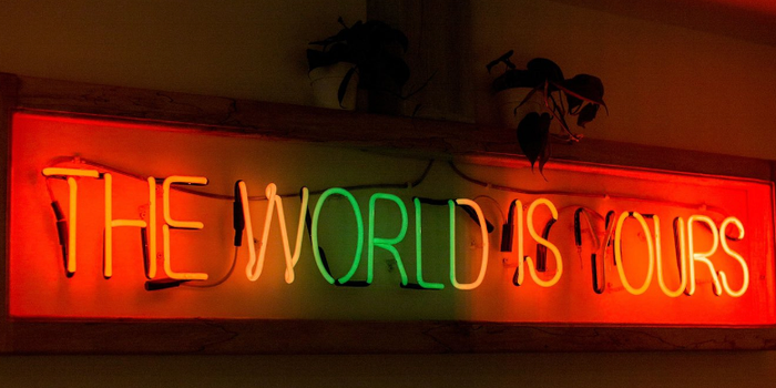 Neon sign which reads "The World Is Yours" inside Variety Jones restaurant