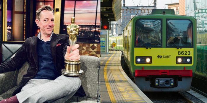 side by side images of Ryan Tubridy smiling on the Late Late Show set and a dart pulling into a station