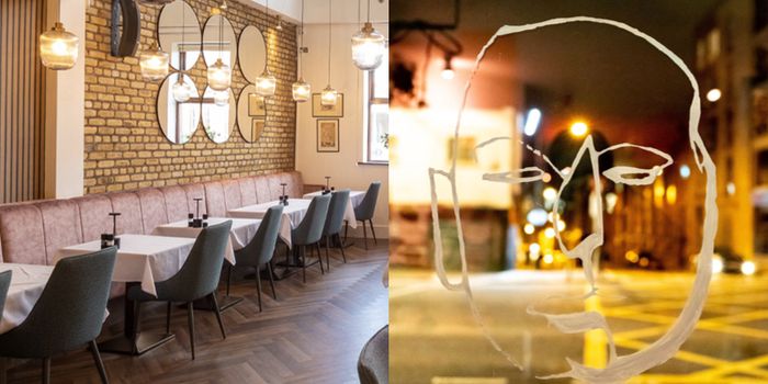 side by side images of the interior of laurel restaurant and the graphic for variety jones restaurant