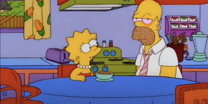still from an episode of the simpsons showing Homer looking hungover