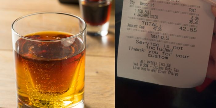 side by side images of a jagerbomb shot and a receipt