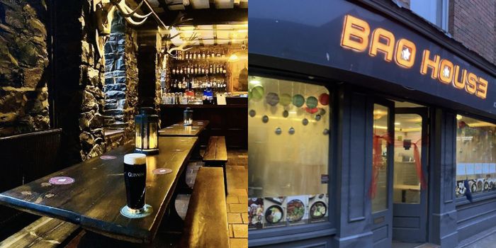 interior of a traditional irish pub with guinness sitting on the table and the exterior of recently closed bao house on aungier street