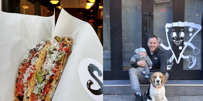 side by side images of a pizza slice from Southpaw and the owner posing outside the business with his dog and baby son
